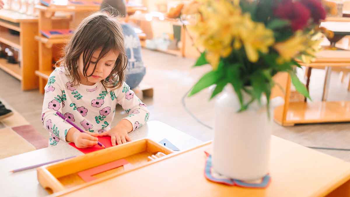Little girl drawing at a table with vase of flowers in foreground.