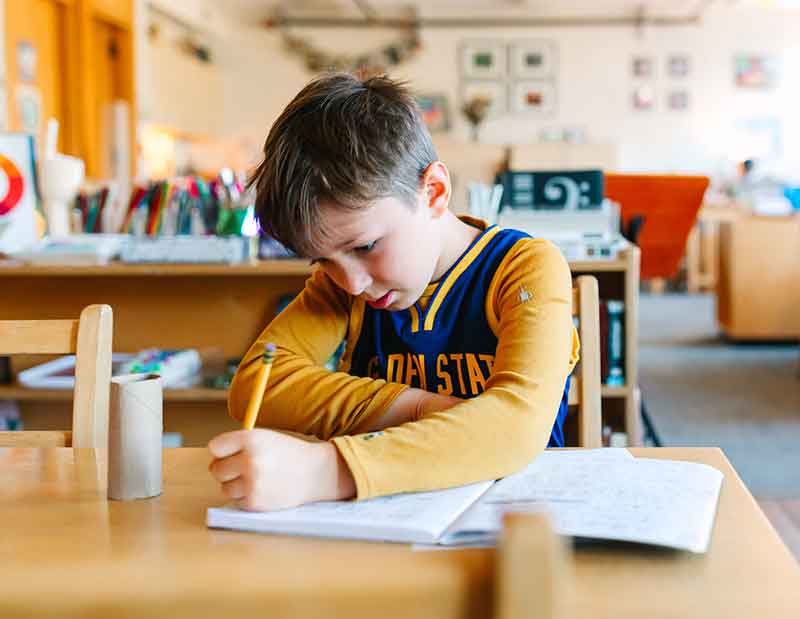 Young boy sitting at table writing in work book.